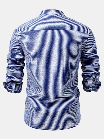 Seersucker Striped Stand Collar Shirt & Straight Leg Linen Pants