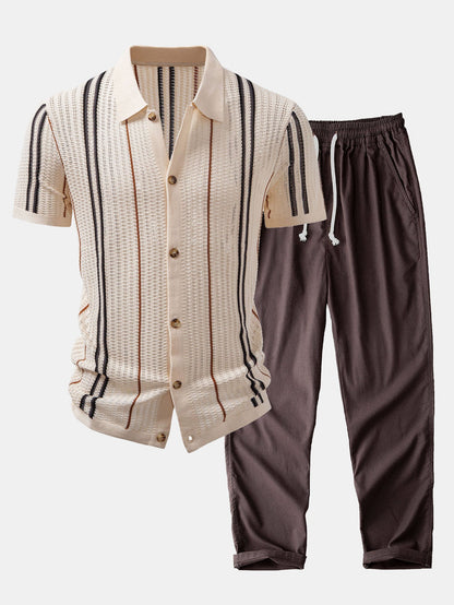 Chemise en crochet à boutons rayés & pantalon en lin