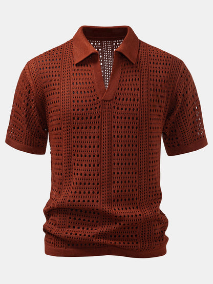 Polo en crochet avec col en V & pantalon en lin à jambes droites