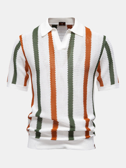 Polo en tricot rayé avec col en V & pantalon en lin