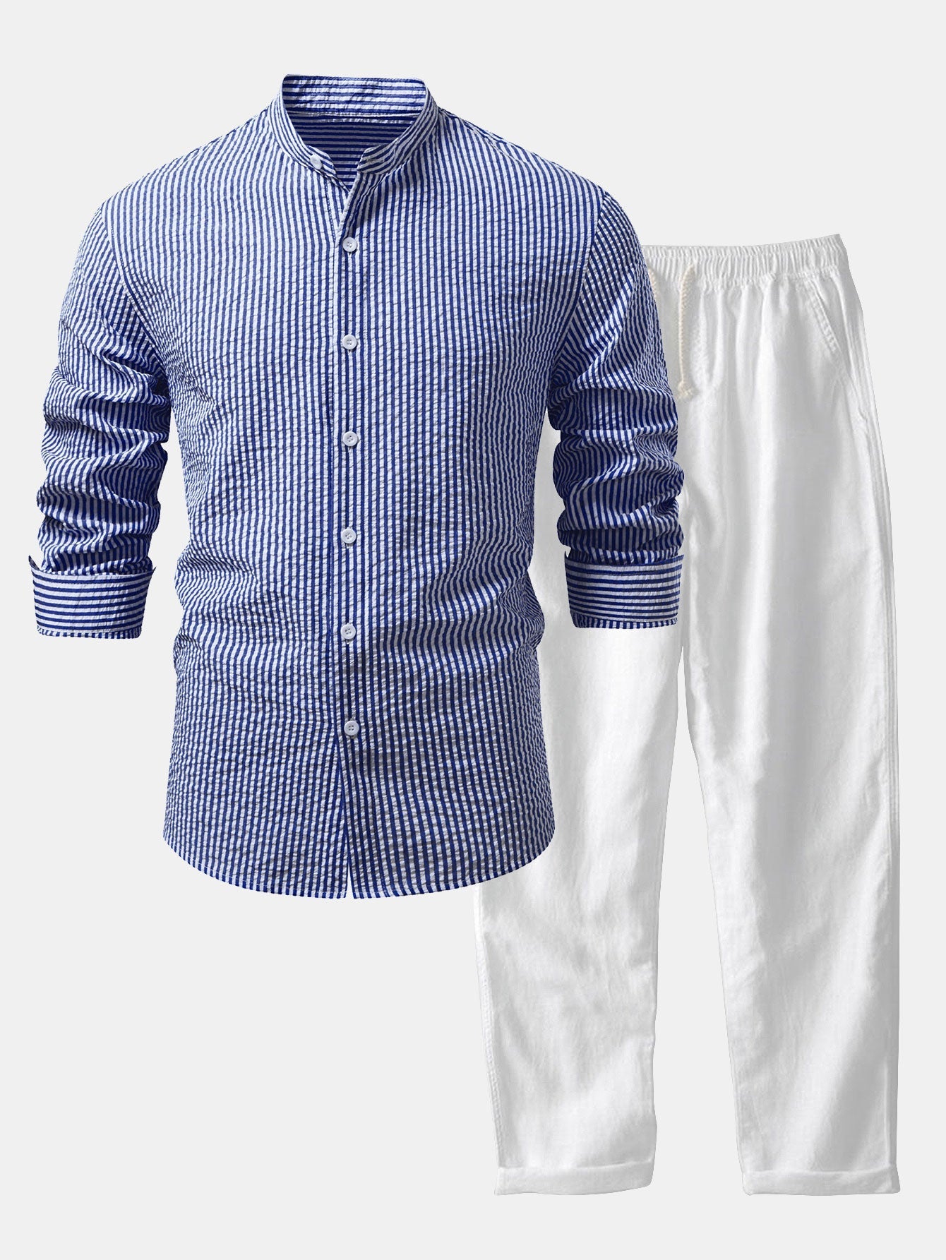 Seersucker Striped Stand Collar Shirt & Straight Leg Linen Pants