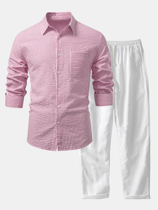 Seersucker Striped Button Up Shirt & Straight Leg Linen Pants