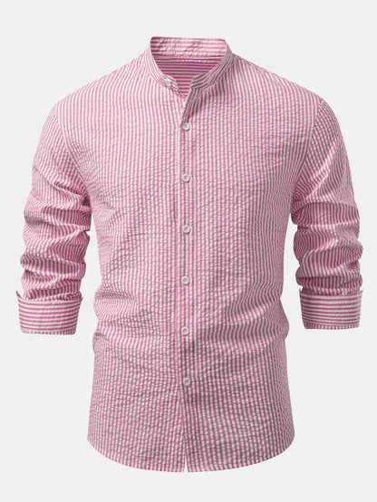 Seersucker Striped Stand Collar Shirt & Straight Leg Linen Pants