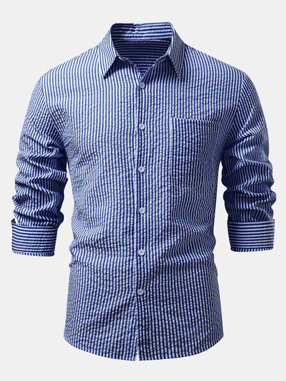 Seersucker Striped Button Up Shirt & Straight Leg Linen Pants
