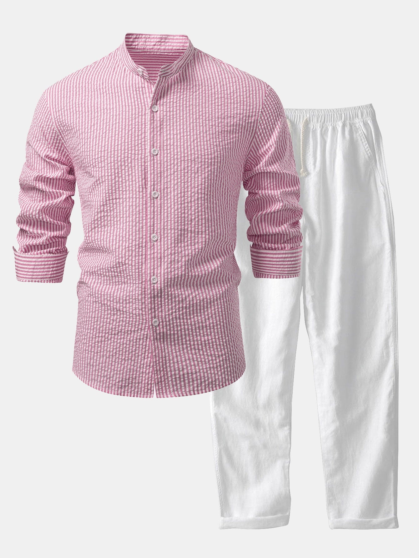 Seersucker Striped Stand Collar Shirt & Straight Leg Linen Pants