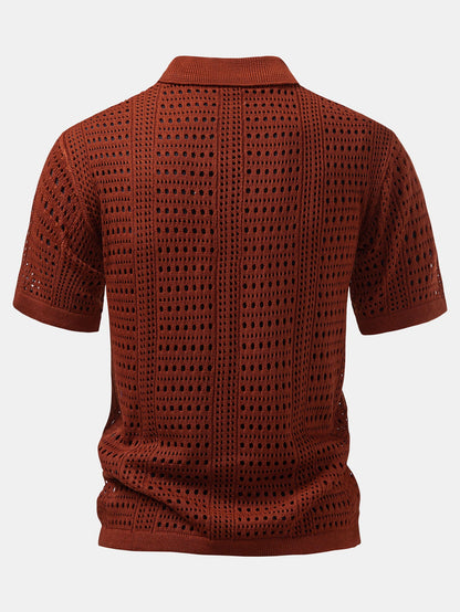 Polo en crochet avec col en V & pantalon en lin à jambes droites