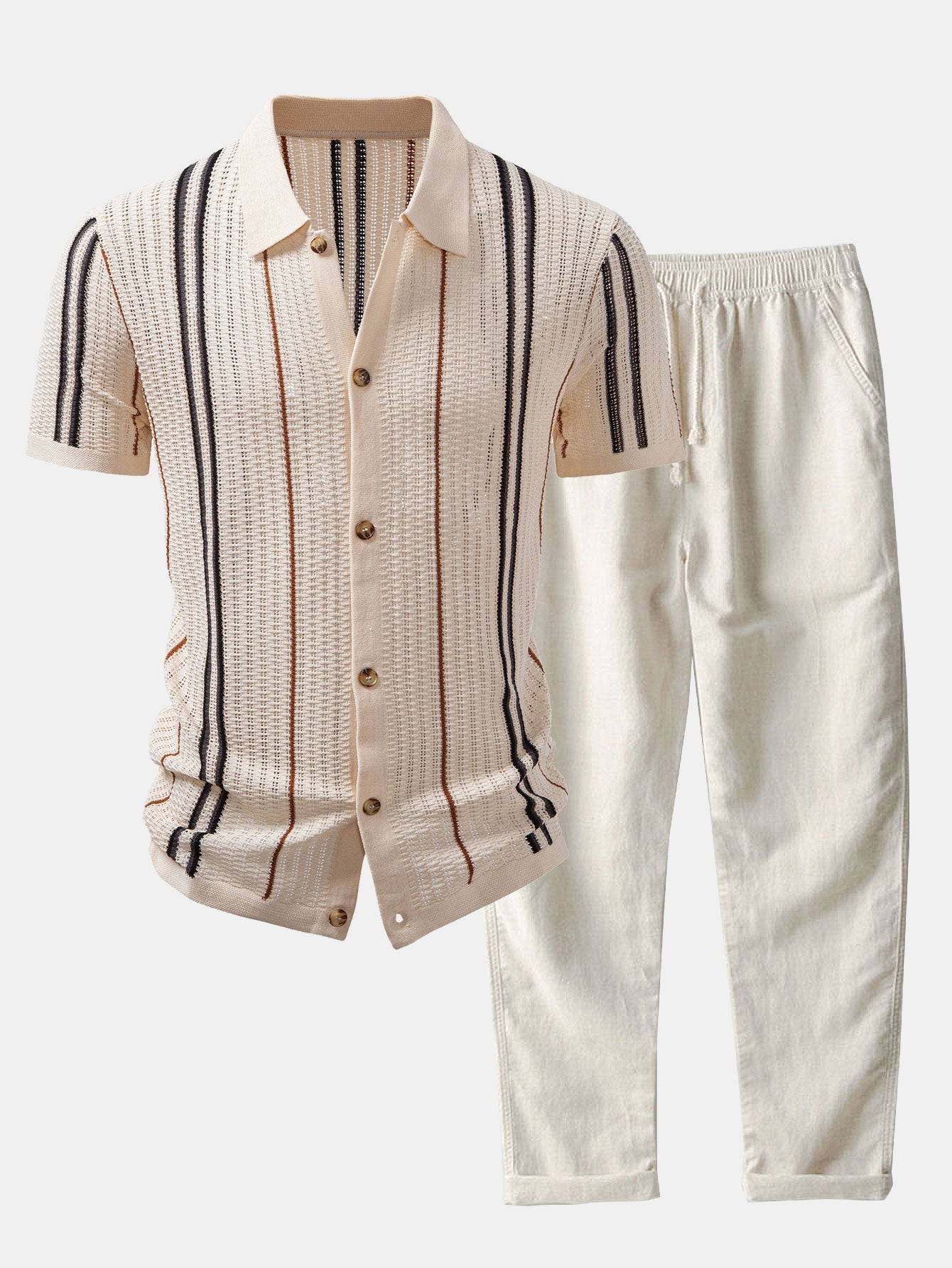 Chemise en crochet à boutons rayés & pantalon en lin