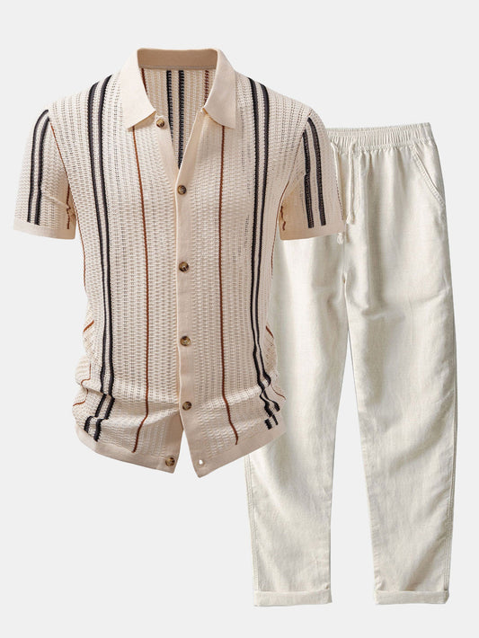 Chemise en crochet à boutons rayés & pantalon en lin