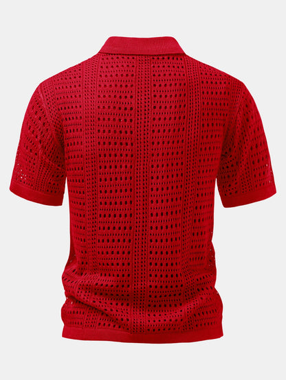 Polo en crochet avec col en V & pantalon en lin à jambes droites