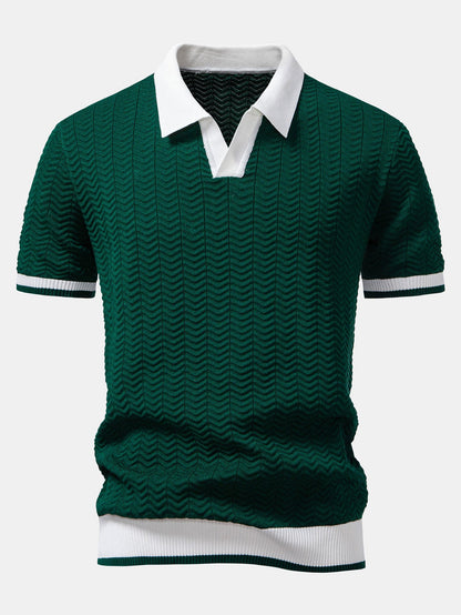 Polo en tricot avec contraste de texture et col en V & pantalon ajusté slim fit