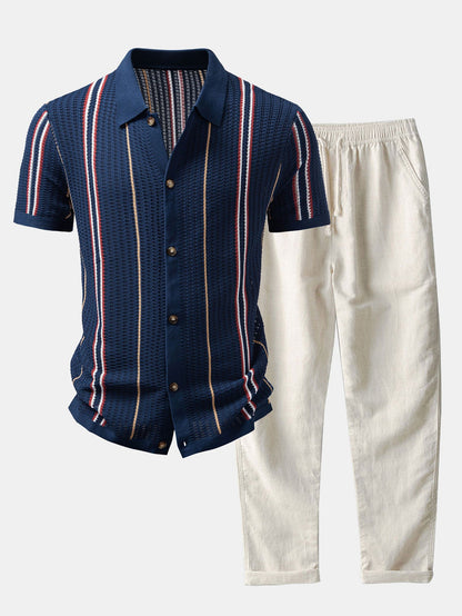 Chemise en crochet à boutons rayés & pantalon en lin