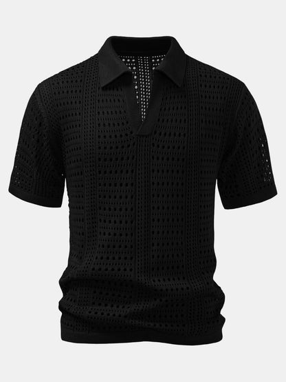 Polo en crochet avec col en V & pantalon en lin à jambes droites
