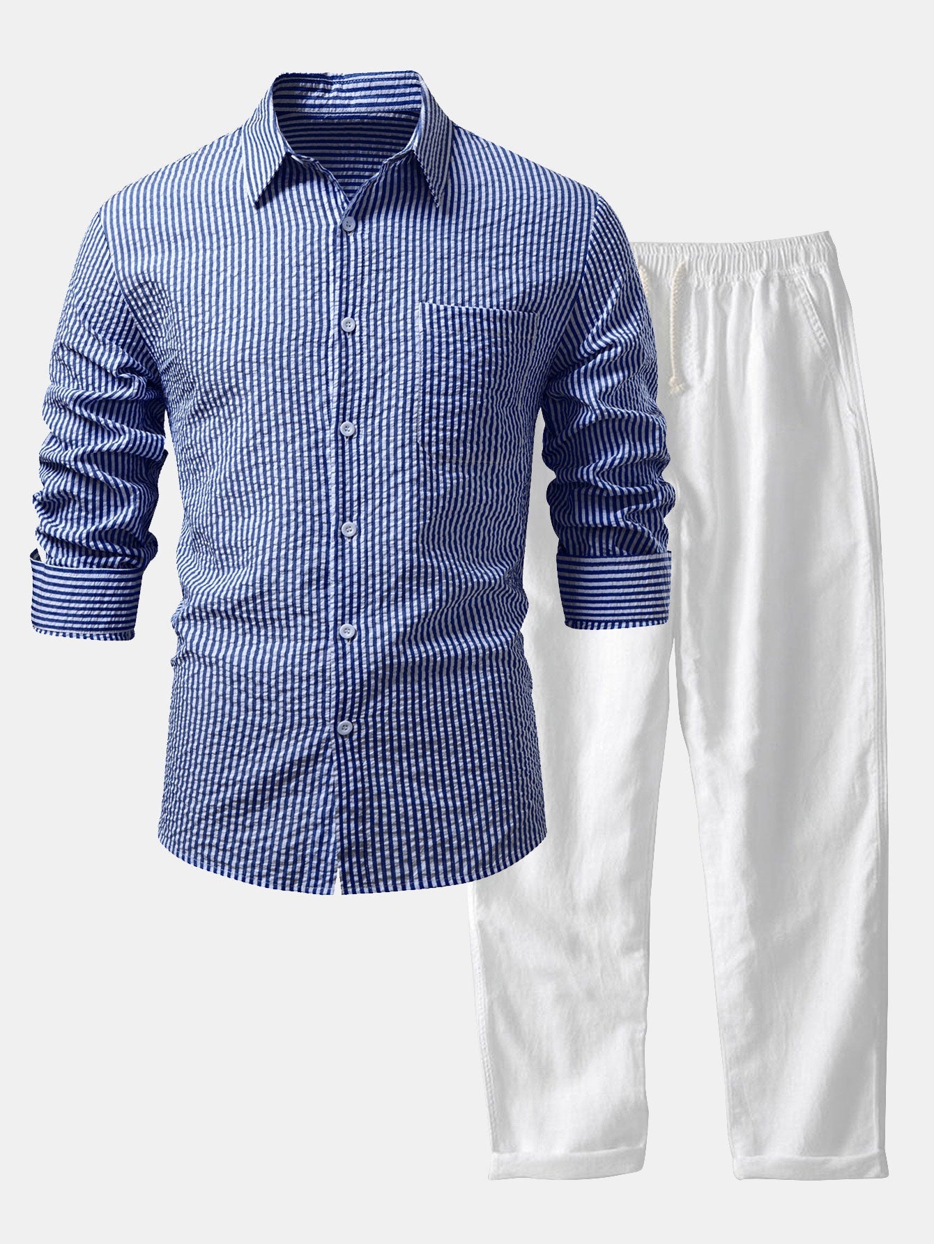 Seersucker Striped Button Up Shirt & Straight Leg Linen Pants