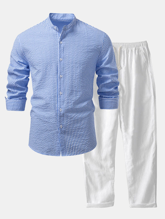 Seersucker Striped Stand Collar Shirt & Straight Leg Linen Pants