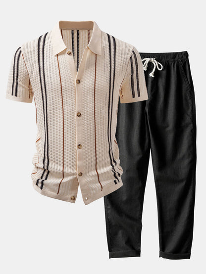 Chemise en crochet à boutons rayés & pantalon en lin
