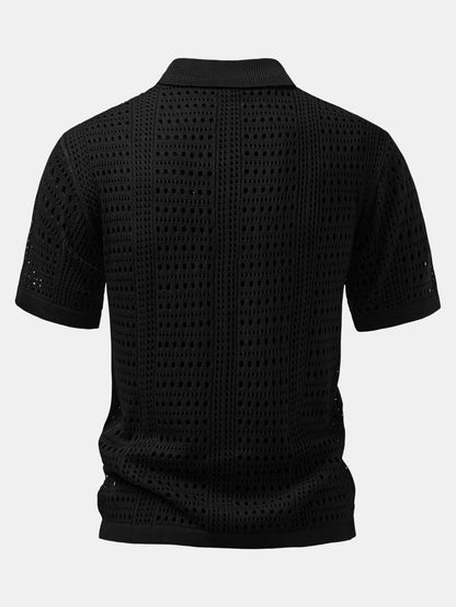 Polo en crochet avec col en V & pantalon en lin à jambes droites