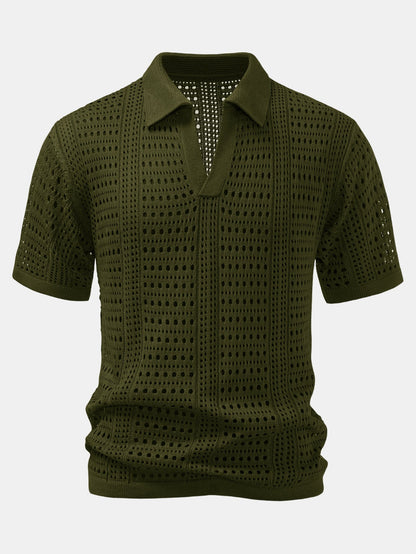 Polo en crochet avec col en V & pantalon en lin à jambes droites