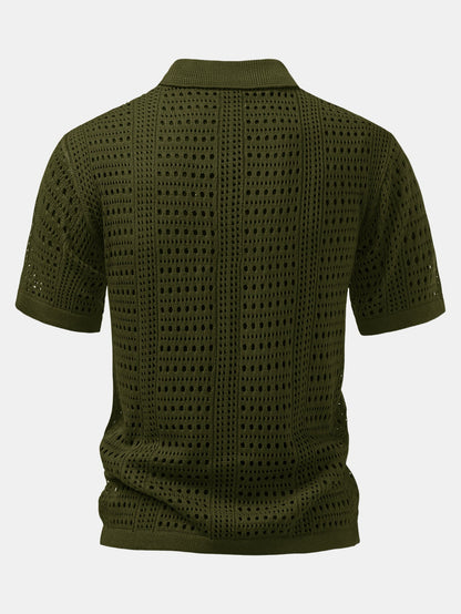 Polo en crochet avec col en V & pantalon en lin à jambes droites