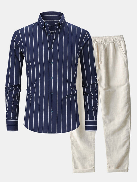 Chemise en coton rayée à boutons et pantalon en lin