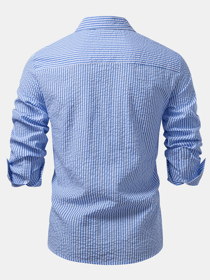 Seersucker Striped Button Up Shirt & Straight Leg Linen Pants