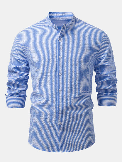 Seersucker Striped Stand Collar Shirt & Straight Leg Linen Pants
