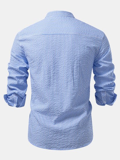 Seersucker Striped Stand Collar Shirt & Straight Leg Linen Pants