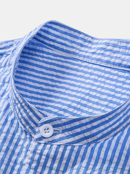 Seersucker Striped Stand Collar Shirt & Straight Leg Linen Pants