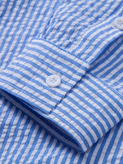 Seersucker Striped Button Up Shirt & Straight Leg Linen Pants