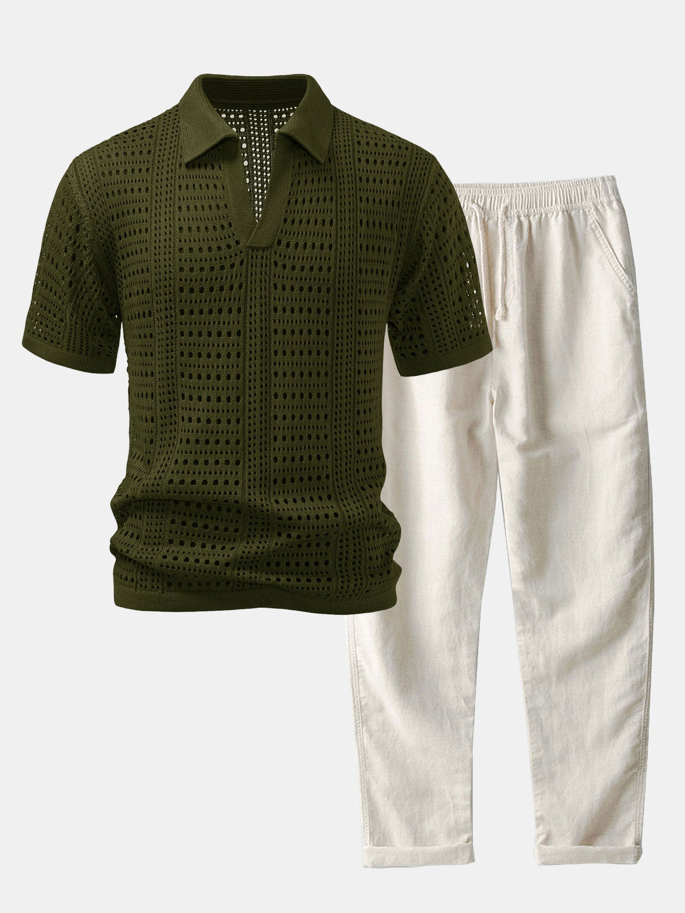 Polo en crochet avec col en V & pantalon en lin à jambes droites