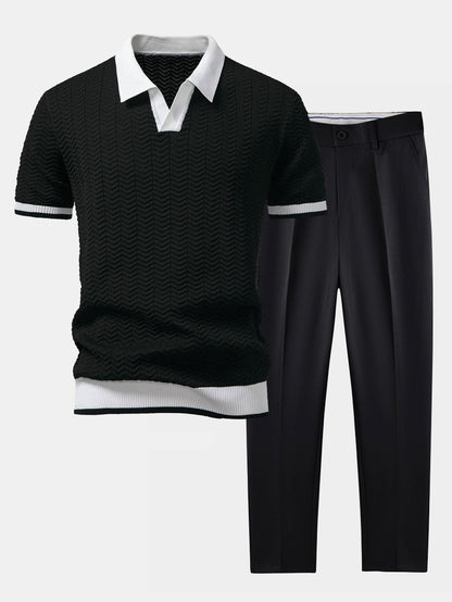 Polo en tricot avec contraste de texture et col en V & pantalon ajusté slim fit