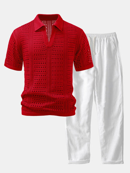 Polo en crochet avec col en V & pantalon en lin à jambes droites