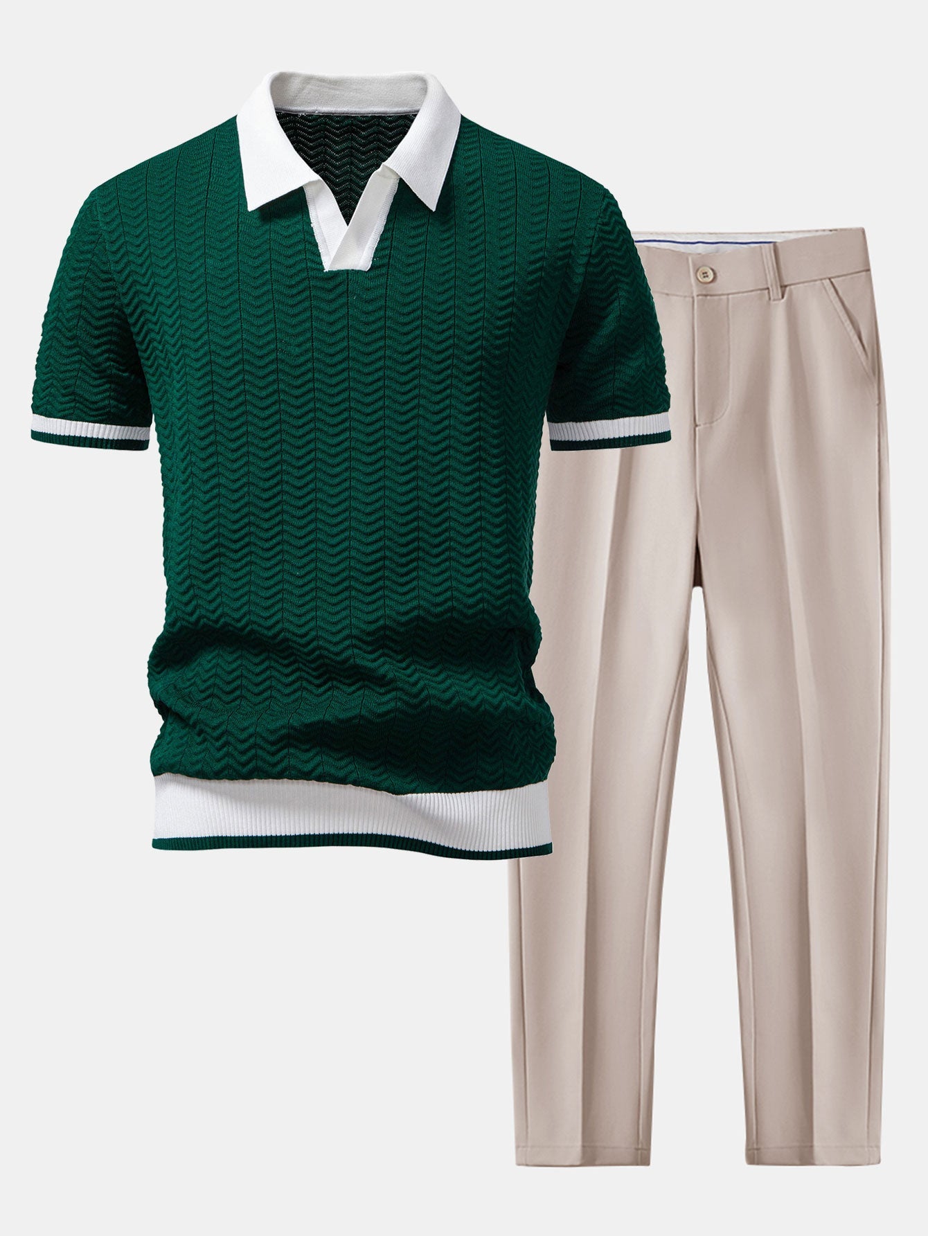 Polo en tricot avec contraste de texture et col en V & pantalon ajusté slim fit