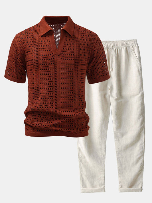 Polo en crochet avec col en V & pantalon en lin à jambes droites