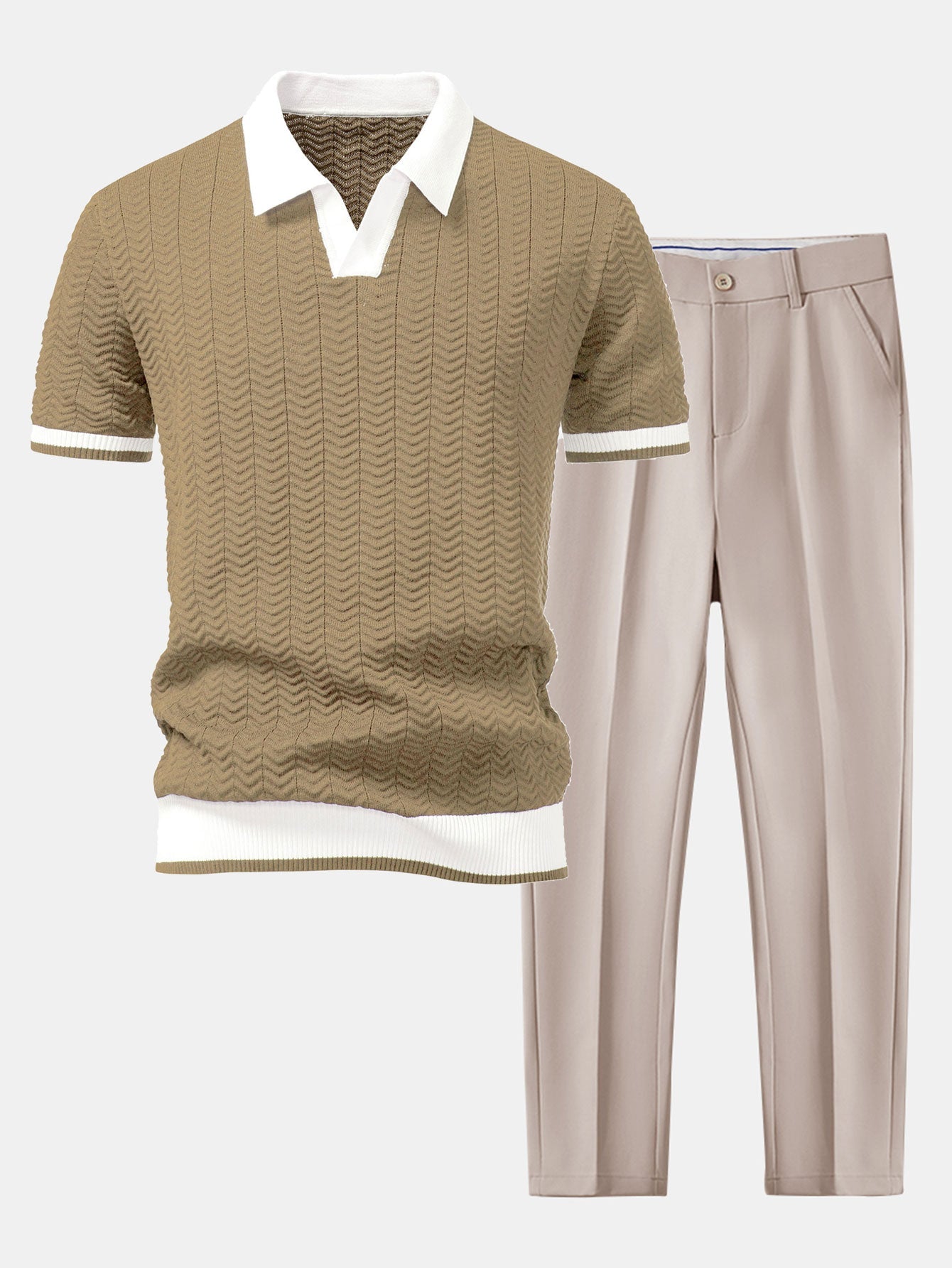 Polo en tricot avec contraste de texture et col en V & pantalon ajusté slim fit
