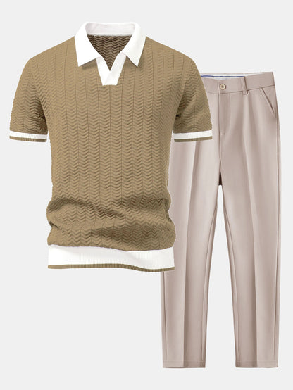 Polo en tricot avec contraste de texture et col en V & pantalon ajusté slim fit