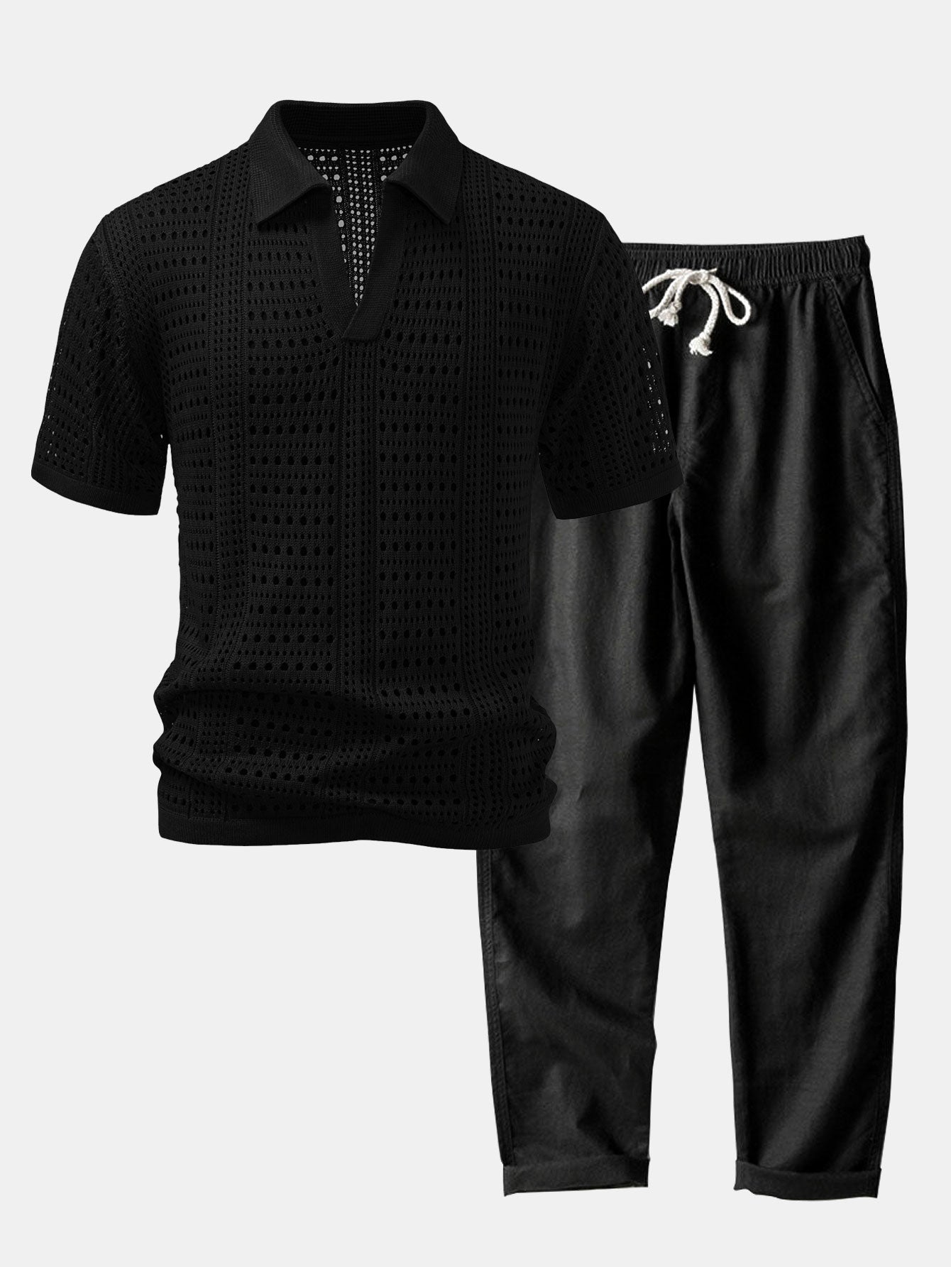 Polo en crochet avec col en V & pantalon en lin à jambes droites