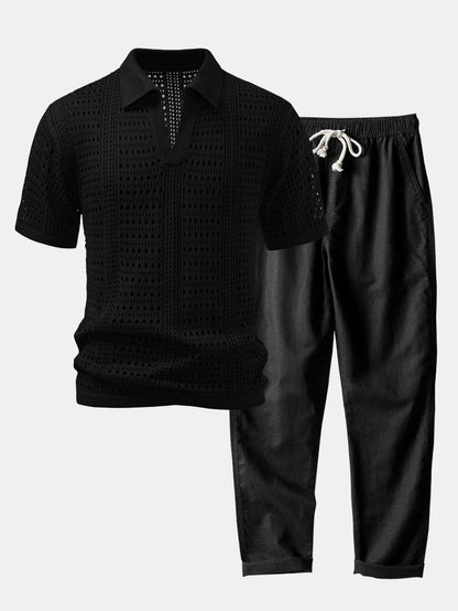Polo en crochet avec col en V & pantalon en lin à jambes droites
