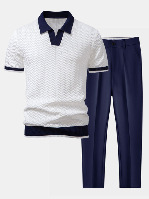 Polo en tricot avec contraste de texture et col en V & pantalon ajusté slim fit