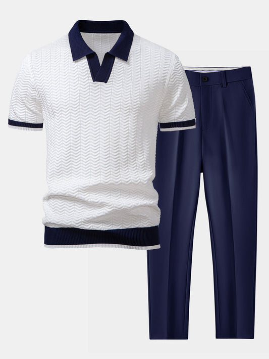 Polo en tricot avec contraste de texture et col en V & pantalon ajusté slim fit