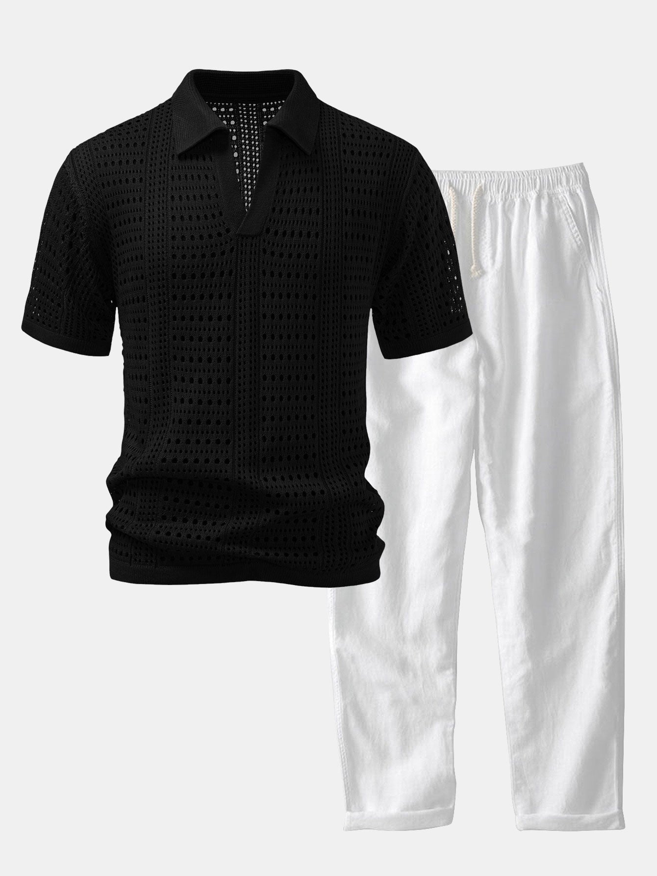 Polo en crochet avec col en V & pantalon en lin à jambes droites