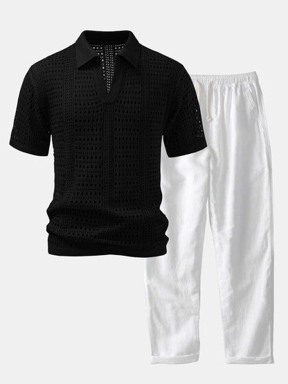 Polo en crochet avec col en V & pantalon en lin à jambes droites