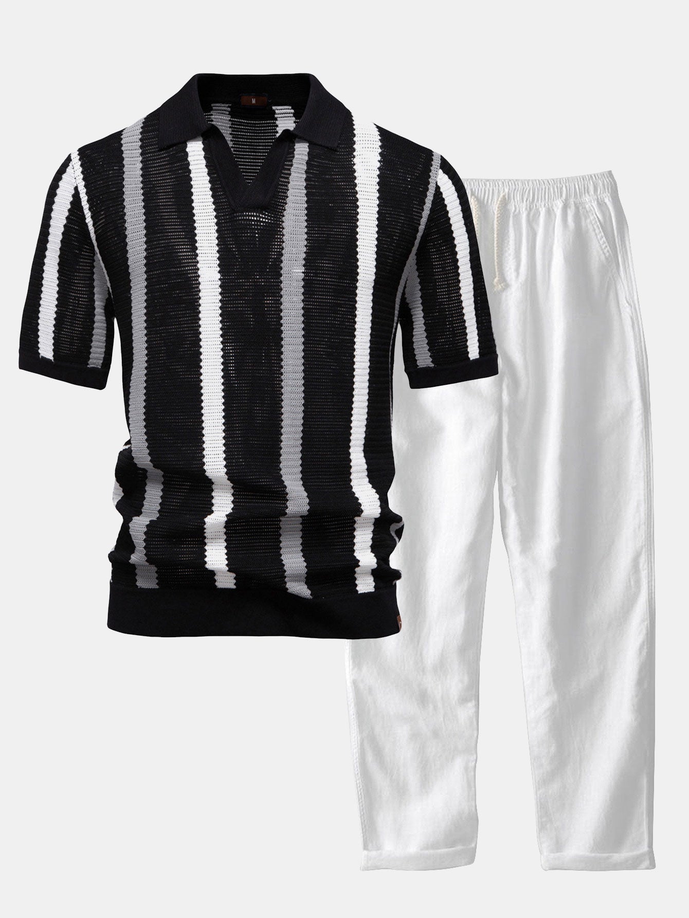 Polo en tricot rayé avec col en V & pantalon en lin