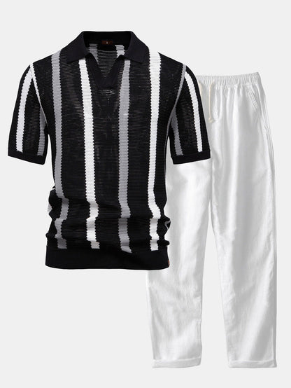 Polo en tricot rayé avec col en V & pantalon en lin