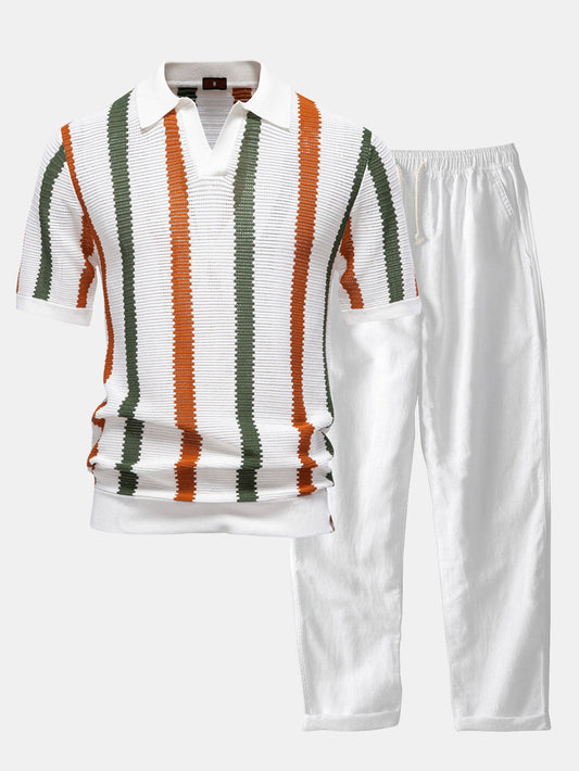 Polo en tricot rayé avec col en V & pantalon en lin