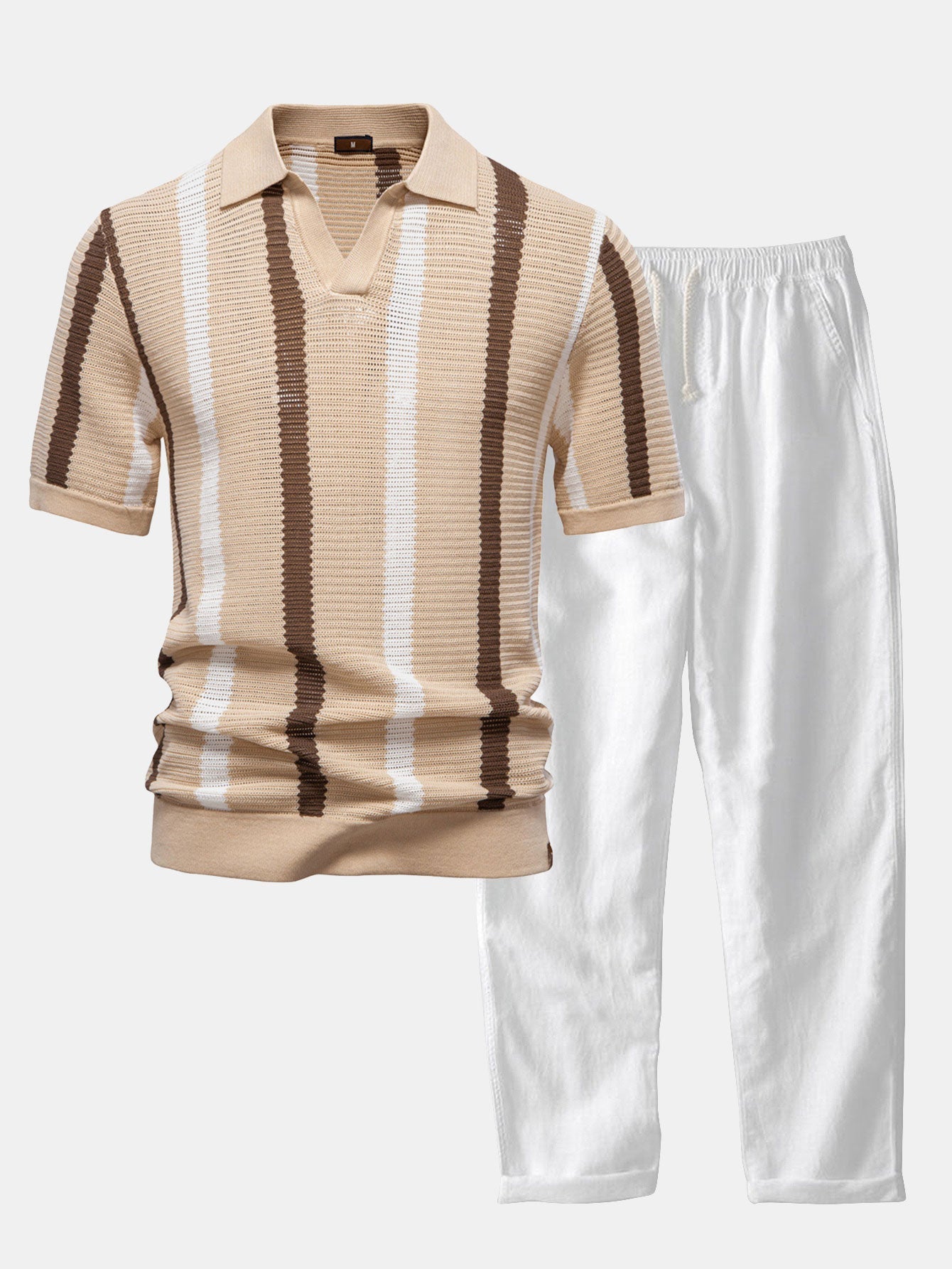 Polo en tricot rayé avec col en V & pantalon en lin