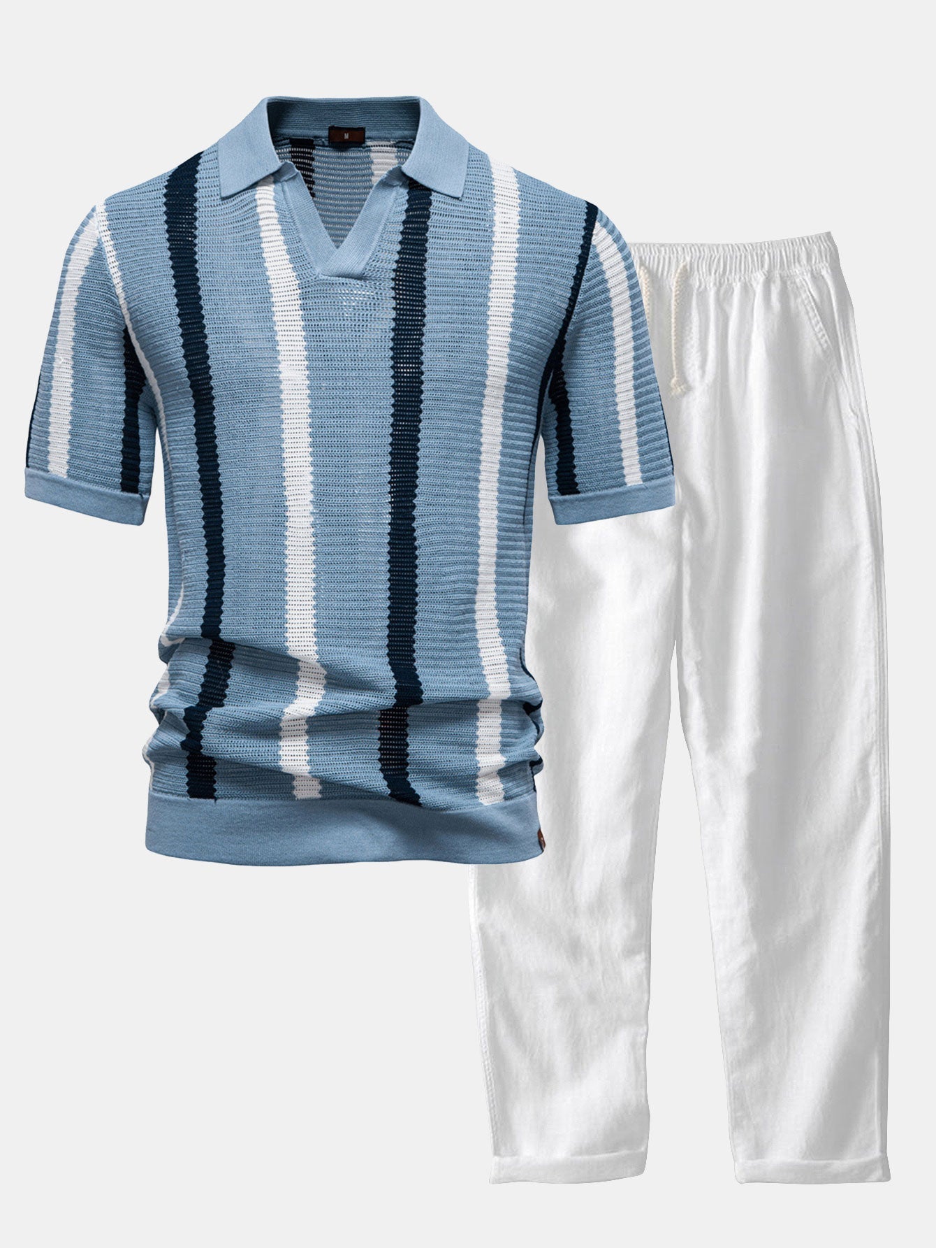 Polo en tricot rayé avec col en V & pantalon en lin