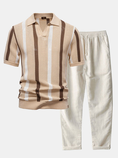 Polo en tricot rayé avec col en V & pantalon en lin